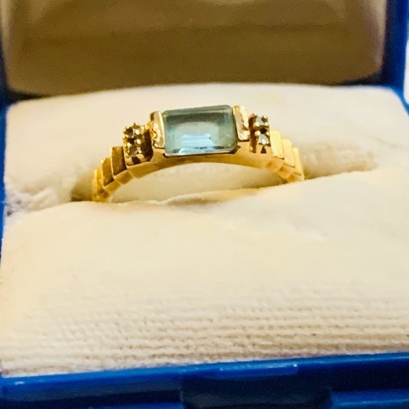 Vintage 10k gold 1 carat emerald cut natural aquamarine & diamond ring. sz. 7 - Picture 2 of 7